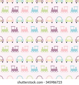 Seamless vector pattern with colorful baby cars and trains. For cards, invitations, wedding or baby shower albums, backgrounds, arts and scrapbooks. 