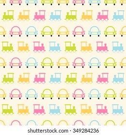 Seamless vector pattern with colorful baby cars and trains. For cards, invitations, wedding or baby shower albums, backgrounds, arts and scrapbooks. 
