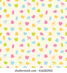 Seamless vector pattern with colorful baby birds, butterfly, rocking horse and snail. For cards, invitations, wedding or baby shower albums, backgrounds, arts and scrapbooks.