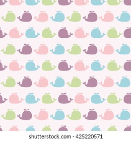 Seamless vector pattern with colorful baby whale. For cards, invitations, wedding or baby shower albums, backgrounds, arts and scrapbooks.