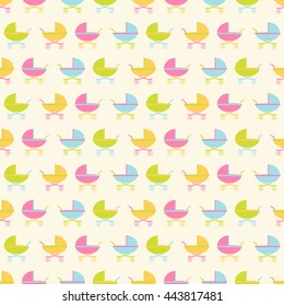Seamless vector pattern with colorful baby pram (stroller). For cards, invitations, wedding or baby shower albums, backgrounds, arts and scrapbooks.