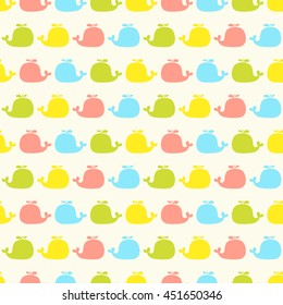 Seamless vector pattern with colorful baby whale. For cards, invitations, wedding or baby shower albums, backgrounds, arts and scrapbooks.