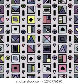 Seamless vector pattern, colorful background with different hand drawn symbols, decorative doodle squares. Symmetrical cute ornament for decoration fabric, wallpaper, prints. Graphic design