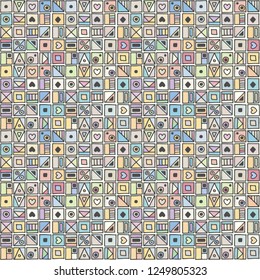 Seamless vector pattern, colorful background with different hand drawn symbols, decorative doodle squares. Symmetrical cute ornament for decoration fabric, wallpaper, prints. Graphic design