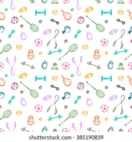 Seamless vector pattern. Colorful background with sports equipment. Soccer ball, punching bag, gloves, barbells, dumbbells, racket, rope and weight. Hand sketch drawing. Series of Sporting Patterns