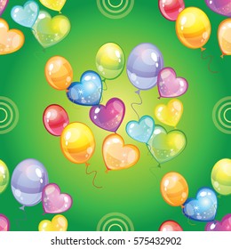 Seamless vector pattern with colorful balloons on green background