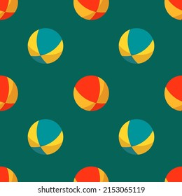 Seamless vector pattern with colorful beach balls on green background. Summer design for fabric and paper, surface textures.