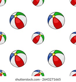 Seamless vector pattern of colorful beach balls in red, green, blue and white, ideal for summer-themed designs and playful backgrounds.