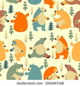 Seamless vector pattern with colorful bears in scandinavian minimalist modern style.