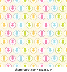 Seamless vector pattern with colorful bears in circles. For cards, invitations, wedding or baby shower albums, backgrounds, arts and scrapbooks. 