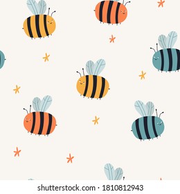 Seamless vector pattern with colorful bees and flowers on a beige background. Summer pattern. For wallpaper, textiles, fabric, paper.