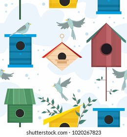 Seamless vector pattern with colorful bird houses and birds.