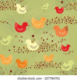 Seamless vector pattern with colorful birds on green field 