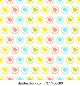 Seamless vector pattern with colorful birds in circles. For cards, invitations, wedding or baby shower albums, backgrounds, arts and scrapbooks. 