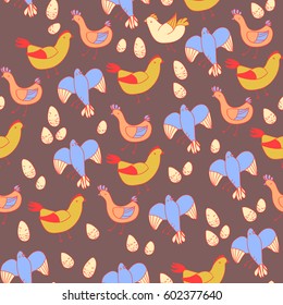 Seamless vector pattern with colorful birds and eggs. Hand drawn doodle style. Dark background.