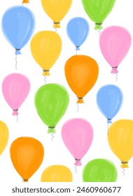 Seamless Vector Pattern with Colorful Birthday Balloons. Watercolor Flying Air Balloons isolated on a White Background. Cute Infantile Style Party Endless Print ideal for Wrapping Paper. RGB.