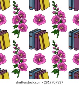 Seamless vector pattern with colorful books and blooming pink hollyhock flowers on white background
