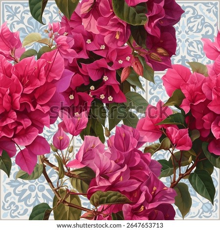 Seamless vector pattern with colorful bougainvillea flowers isolated on a Mediterranean tile background.