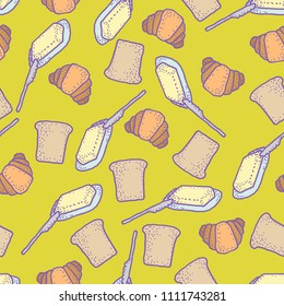 Seamless vector pattern with colorful bread, butter and croissants for textile, ceramic, craft