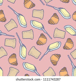 Seamless vector pattern with colorful bread, butter and croissants for textile, ceramic, craft