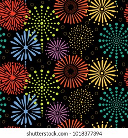 Seamless vector pattern with colorful bright fireworks, on a black background. Design concept for birthday party, New Year celebration, kids textile print, wallpaper, wrapping paper.