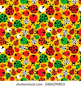 Seamless vector pattern with colorful bright beetles.