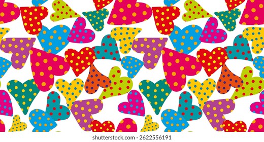 seamless vector pattern - colorful bright polka dot hearts on a white background - fun love design minimalism for Valentine's Day or romantic themes