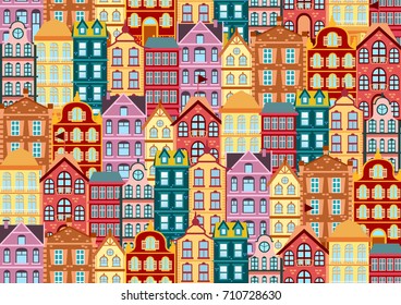 Seamless vector pattern with colorful bright facades Dutch house . Different color and shape old houses. Facades of houses in the traditional Dutch style flat vector illustration.