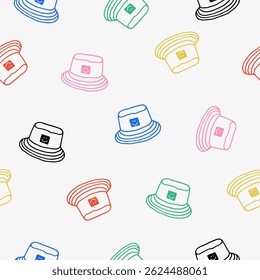 Seamless vector pattern with colorful bucket hats featuring smiley face patches. Colorful doodle style hats on white background. Summer vibes