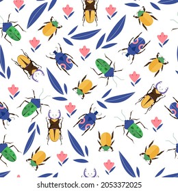 Seamless vector pattern with colorful bugs and plant leaves. Background with insects 