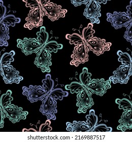 Seamless vector pattern with colorful butterflies on a black background. Celestial magic abstract mystic design. Gothic witch drawing. 