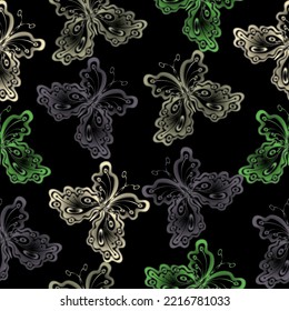 Seamless vector pattern with colorful butterflies on a black background. Boho wall decor. Mid century art print. Trendy texture for print, textile, packaging.