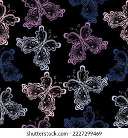 Seamless vector pattern with colorful butterflies on a black background. Butterflies and dandelions of gold color on a black background in a vector pattern.