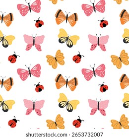 Padrão de vetor perfeito com borboletas e joaninhas coloridas. Design de insetos bonito e divertido, perfeito para tecidos infantis, decoração de berçário, papel de embrulho e projetos de primavera ou verão.