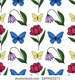 Padrão de vetor sem costura de borboletas coloridas e flores desabrochando, com peônias cor-de-rosa, borboletas azuis, borboletas amarelas e flores de barriga roxas delicadas, situado contra um fundo branco limpo...
