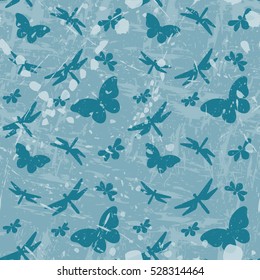 Seamless vector pattern with colorful butterflies, dragonfly, bugs, vintage style