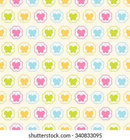 Seamless vector pattern with colorful butterfly in circles. For cards, invitations, wedding or baby shower albums, backgrounds, arts and scrapbooks. 