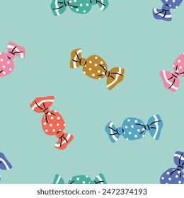 Seamless vector pattern with colorful candies on mint background. Simple hand drawn cartoon sweets wallpaper design. Decorative sweet food fashion textile.