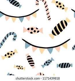 Seamless vector pattern with colorful candy and garland on white background. Good for decor elements for halloween party. Cute simple minimalist design for kid fabric, textile, paper.