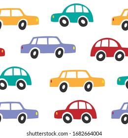 Seamless vector pattern with colorful cars on a white background.