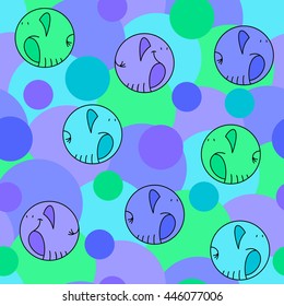 Seamless vector pattern with colorful cartoon round elephants with circles in the background.