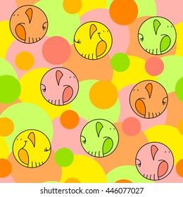 Seamless vector pattern with colorful cartoon round elephants with circles in the background.