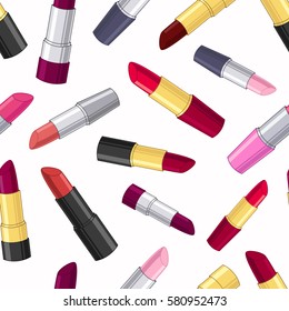 Seamless vector  pattern with colorful cartoon lipsticks on white background