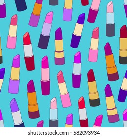 Seamless vector pattern with colorful cartoon lipsticks on blue background