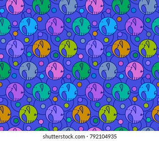 Seamless vector pattern with colorful cartoon round elephants in the blue background.