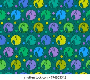 Seamless vector pattern with colorful cartoon round elephants in the emerald green background.