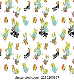 Seamless vector pattern with colorful cats on white background. Cats playing with the ball.