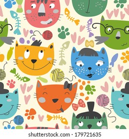 Seamless vector pattern with colorful cats.Cartoon background. Can be used for wallpaper, pattern fills, web page background,surface textures
