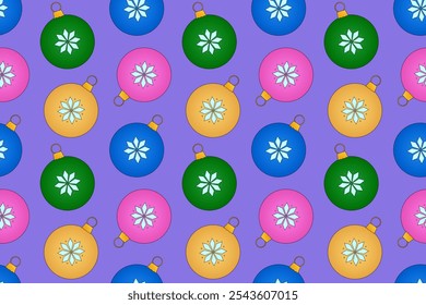 Seamless vector pattern of colorful Christmas ornaments with snowflake designs. Perfect for holiday wrapping paper and festive decorations.