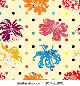 Seamless vector pattern of colorful chrysanthemums on polka dots on yellow background.